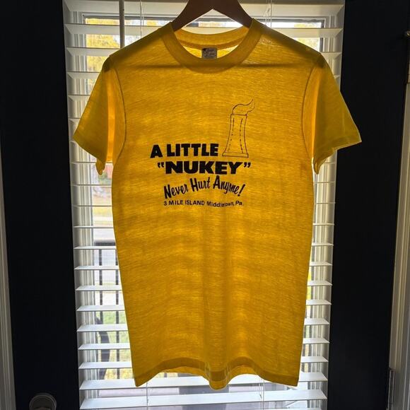 Vintage 1970s Three Mile Island T-Shirt Size S A Little Nukey Never Hurt Anyone - Picture 1 of 7